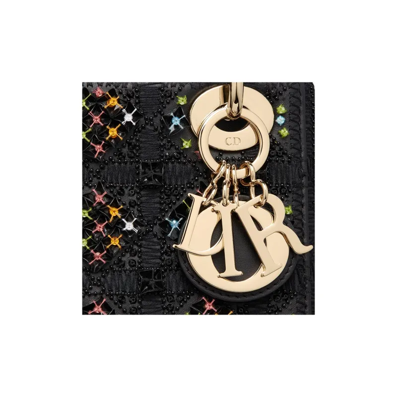 DIOR Lady Dior Embroidery Handbag Shoulder Bag Crossbody Bag Mini Women's Black-5
