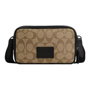 COACH Carrier Canvas With Smooth Calfskin Camera Bag, Shoulder Bag, Crossbody Bag Trumpets Men's Khaki