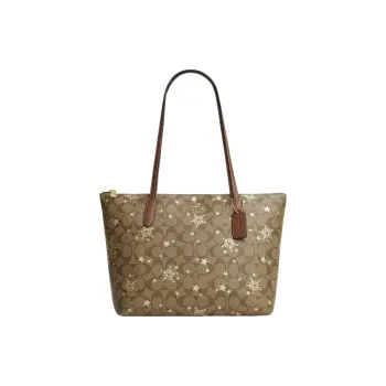 COACH Zip Top Tote Leather Tote Bag, Shopping Bag, Shoulder Bag Women's Khaki