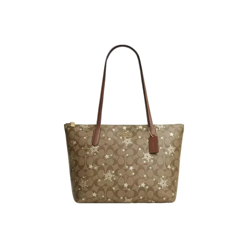 COACH Zip Top Tote Leather Tote Bag, Shopping Bag, Shoulder Bag Women's Khaki-0