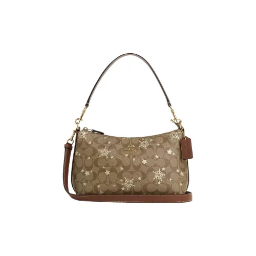 COACH Clara Iconic Coated Canvas With Smooth Leather Shoulder Bag Handbag Medium Size Women's Khaki