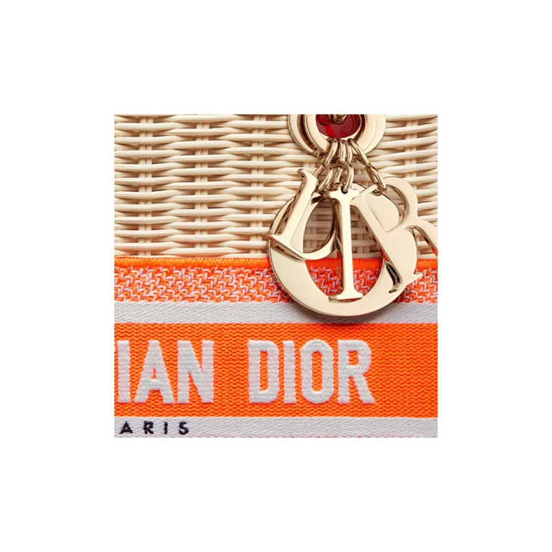 DIOR Lady Dior Wicker Shoulder Bag Crossbody Bag Handbag Medium Size Women's Fluorescent Orange-6