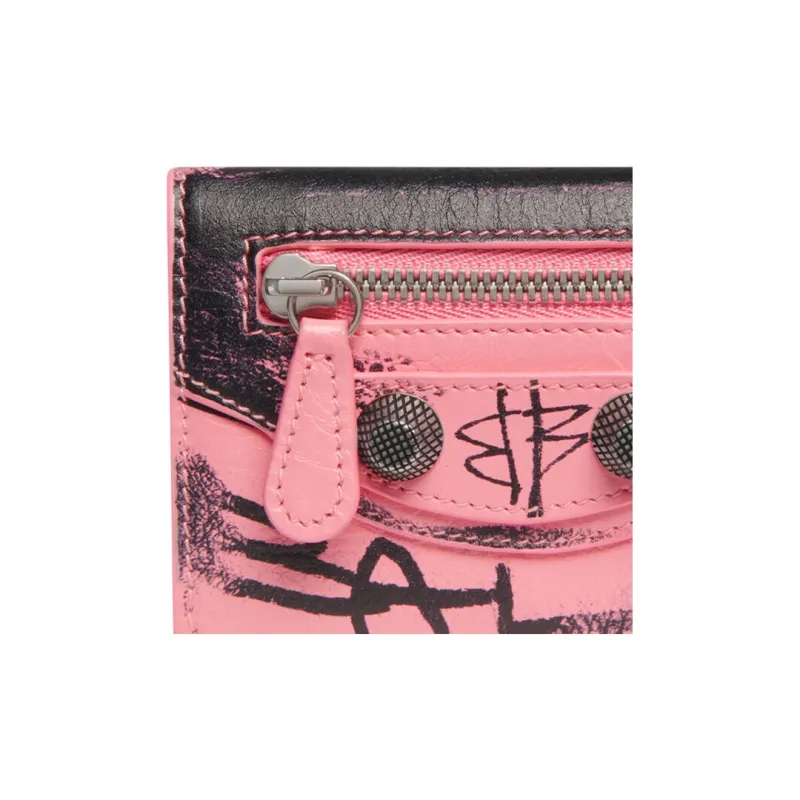 Balenciaga Le Cagole Fine-Grained Sheepskin Wallet Mini Women's Black & Pink-3