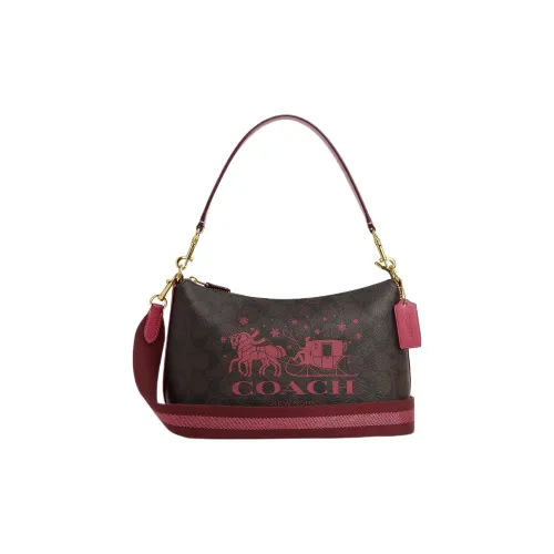 COACH Clara Leather One Shoulder Shoulder Bag Handbag Medium Size Women's Dark Brown & Red