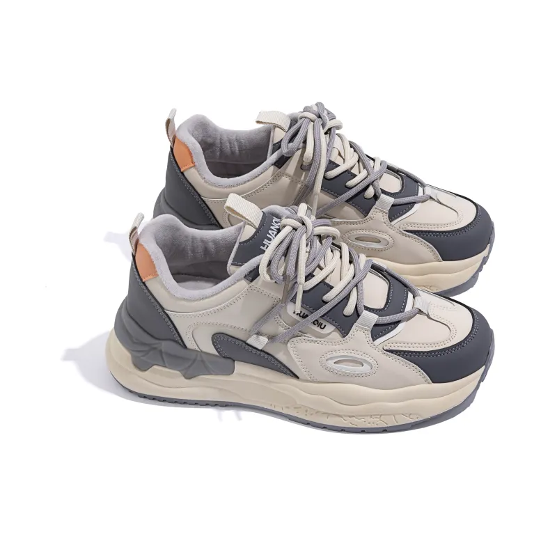 HUANQIU Low Top Chunky Sneakers Women's Beige Blue Fleece Lined-3