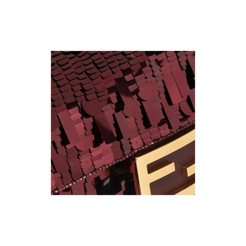 FENDI Baguette Fabric Cow Leather Patchwork Handbag Crossbody Bag Shoulder Bag Mini Women's Burgundy-4