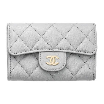 CHANEL Grain Embossed Litchi Grain Calfskin Coin Purse, Wallet, Card Holder Regular Women's Gray Green