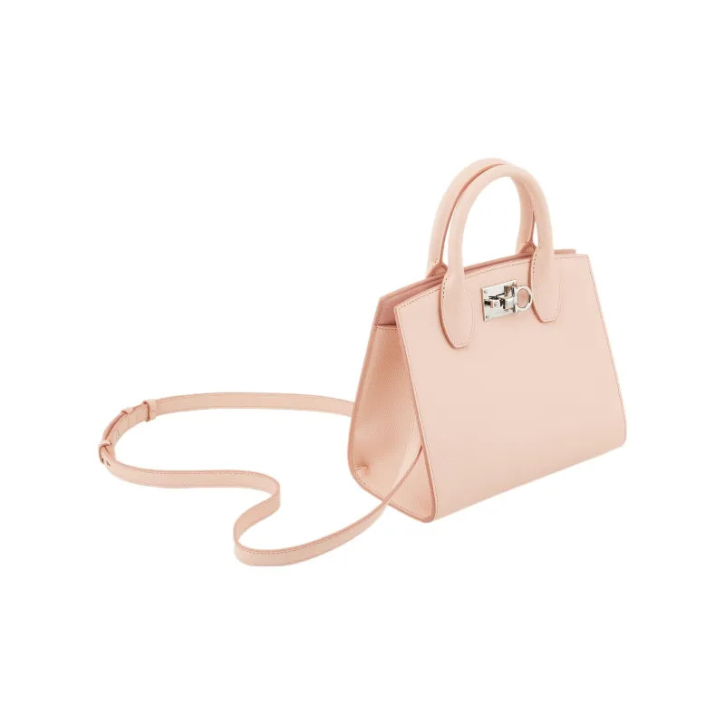 FERRAGAMO Studio Hammered Texture Calfskin Box Bag, Shoulder Bag, Crossbody Bag, Handbag Trumpets Women's Light Pink-1
