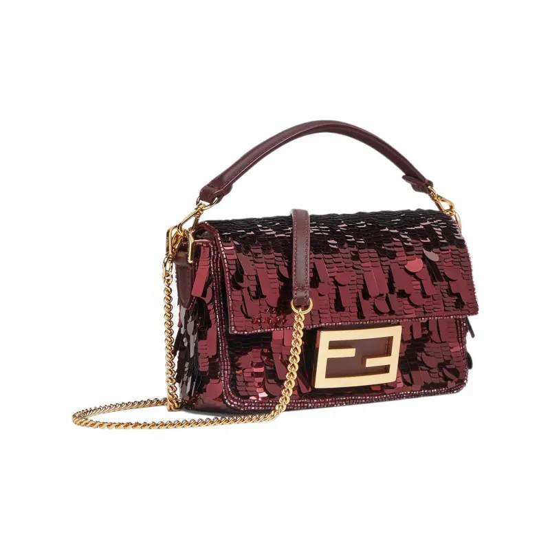 FENDI Baguette Fabric Cow Leather Patchwork Handbag Crossbody Bag Shoulder Bag Mini Women's Burgundy-1