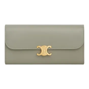 CELINE Triomphe Shiny Calfskin Wallet Large Size Women's Green Clay