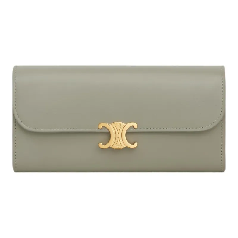 CELINE Triomphe Shiny Calfskin Wallet Large Size Women's Green Clay-0
