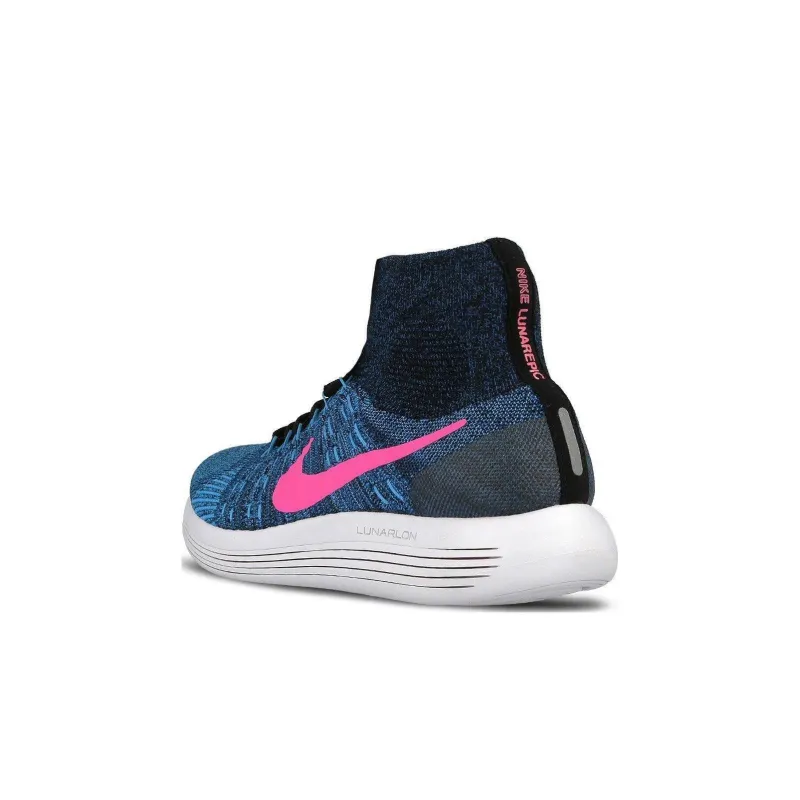 Nike LunarEpic Flyknit Cushioned Wear Resistant Breathable High Top Casual Running Shoes Women's Blue Pink-3