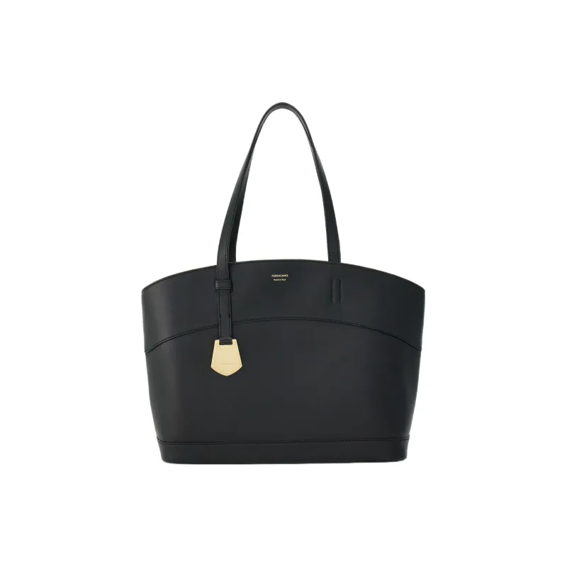 FERRAGAMO Smooth Calf Leather Tote Bag Shopping Bag Handbag Small Size Women's Black-0
