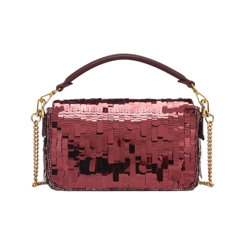 FENDI Baguette Fabric Cow Leather Patchwork Handbag Crossbody Bag Shoulder Bag Mini Women's Burgundy-3