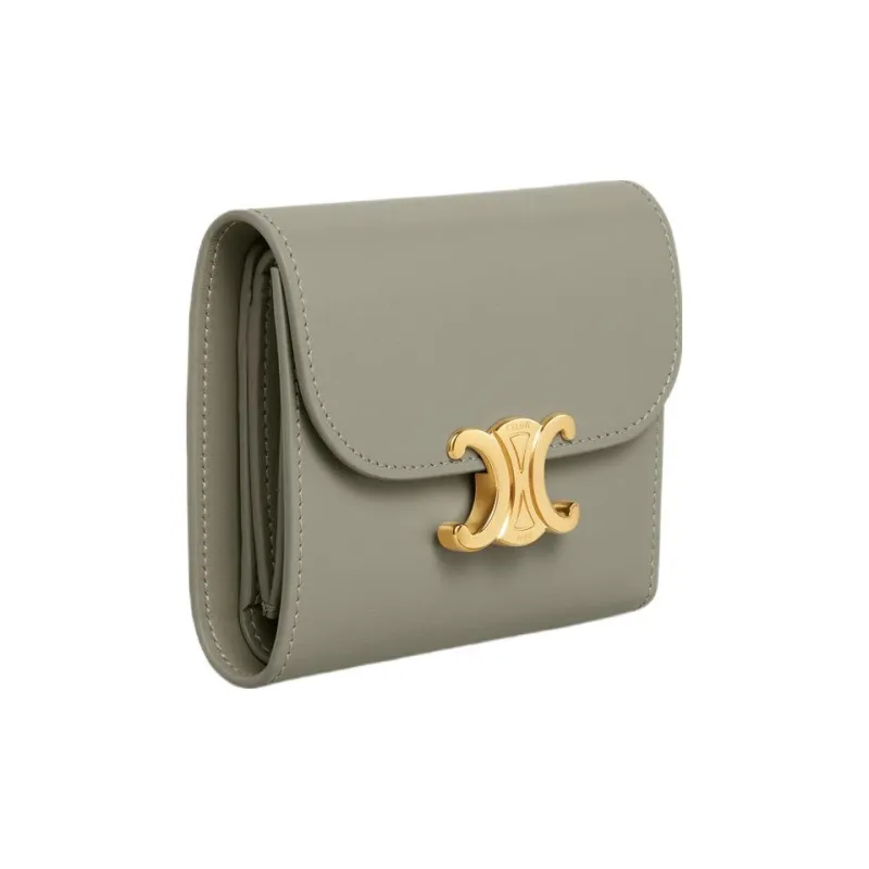 CELINE Triomphe Shiny Calfskin Wallet Small Size Women's Green Clay-1