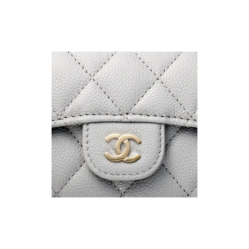 CHANEL Grain Embossed Litchi Grain Calfskin Coin Purse, Wallet, Card Holder Regular Women's Gray Green-4