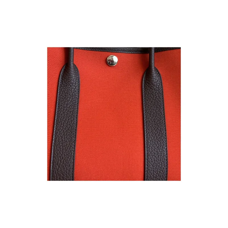 HERMES Garden Party Canvas With Leather Handbag Unisex Hermes Orange & Saddle Red-3