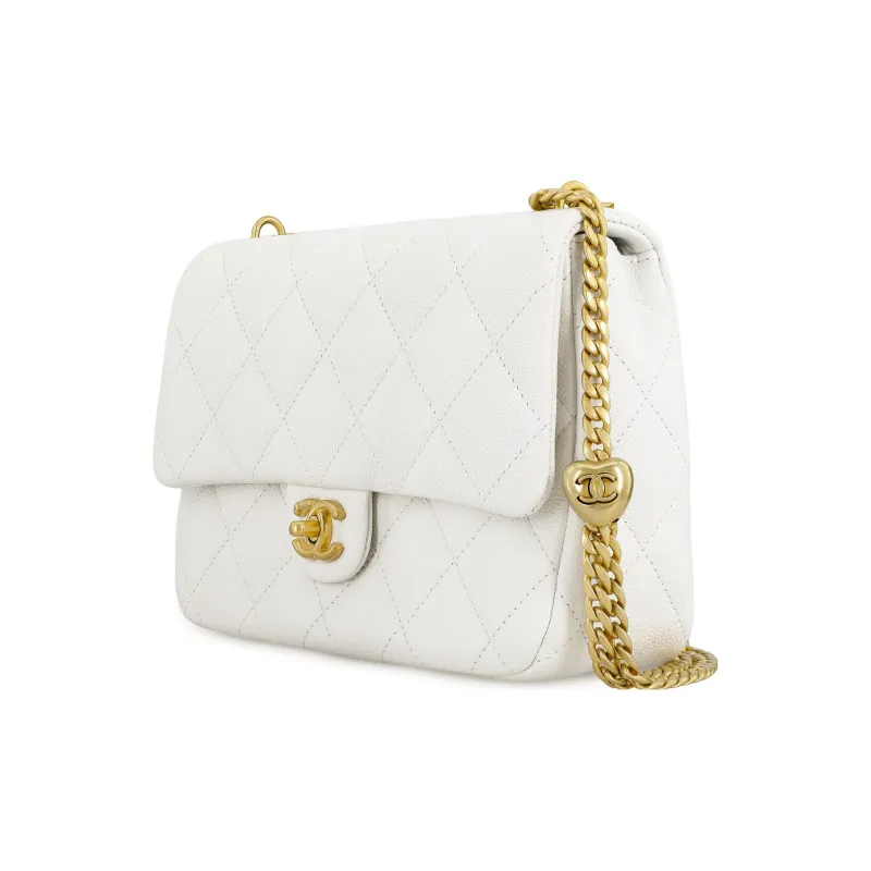 CHANEL 23P SS Grain Embossed Cow Leather Mini Square Flap Bag, Shoulder Bag, Crossbody Bag Tubas Women's White-1