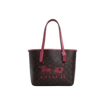 COACH City Coated Canvas With Smooth Leather Tote Bag Shopping Bag Handbag Regular Women's Brown & Red