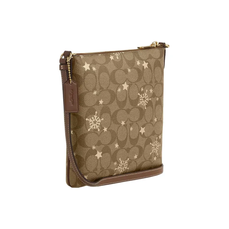 COACH Rowan Coated Canvas With Smooth Leather Shoulder Bag, Crossbody Bag Mini Women's Khaki & Saddle & Gold-1