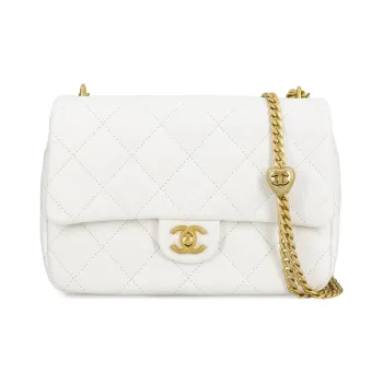 CHANEL 23P SS Grain Embossed Cow Leather Mini Square Flap Bag, Shoulder Bag, Crossbody Bag Large Size Women's White