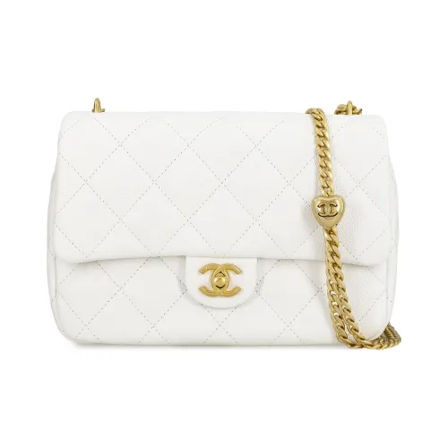 CHANEL 23P SS Grain Embossed Cow Leather Mini Square Flap Bag, Shoulder Bag, Crossbody Bag Tubas Women's White