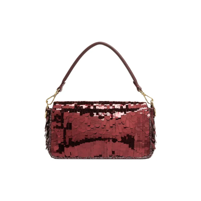 FENDI Baguette Polyester With Sheepskin Portable Crossbody Bag, Shoulder Bag Medium Size Women's Burgundy-2