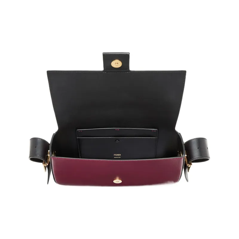 FENDI Baguette Calfskin Crossbody Bag, Shoulder Bag Women's Burgundy & Black-4