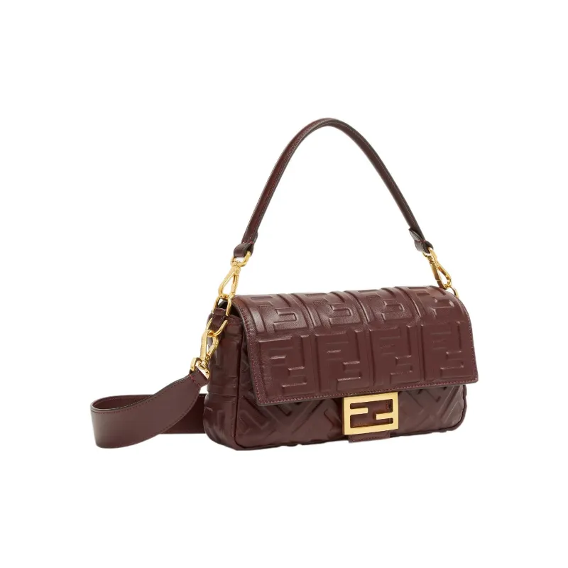 FENDI Baguette Lambskin Shoulder Bag Crossbody Bag Handbag Medium Size Women's Burgundy-1