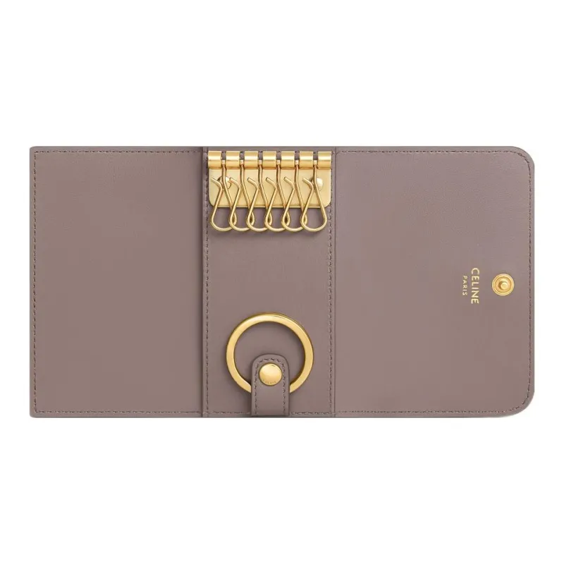 CELINE Triomphe Shiny Calfskin Key Pouch Women's Egg Stone Color-3
