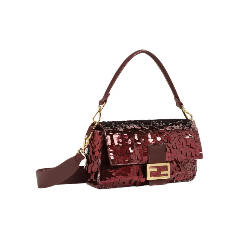 FENDI Baguette Polyester With Sheepskin Portable Crossbody Bag, Shoulder Bag Medium Size Women's Burgundy-1