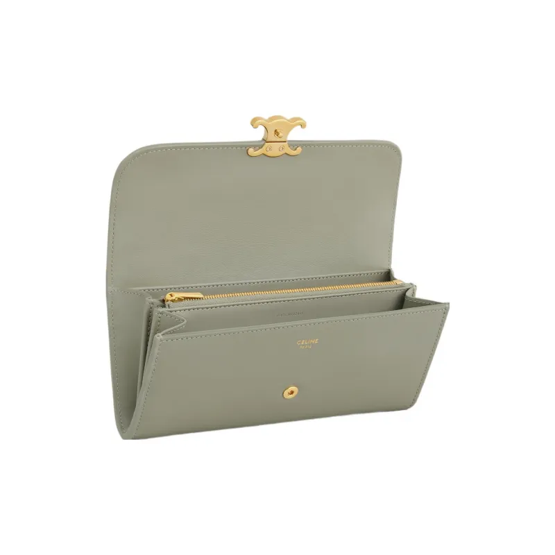 CELINE Triomphe Shiny Calfskin Wallet Large Size Women's Green Clay-3