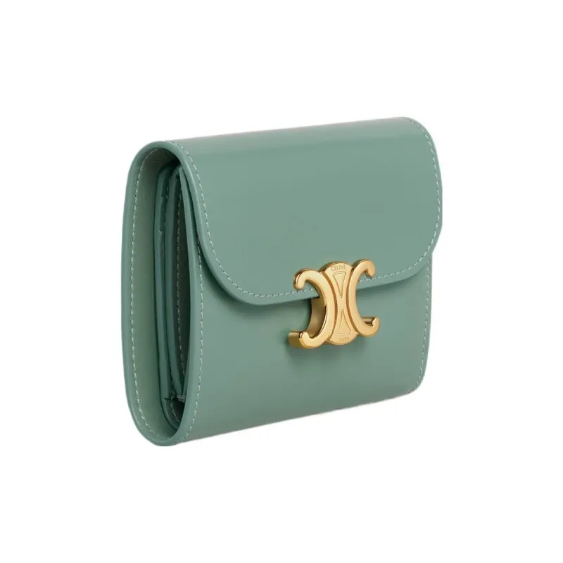 CELINE Triomphe Shiny Cow Leather Wallet Small Size Women's Celadon Green-1