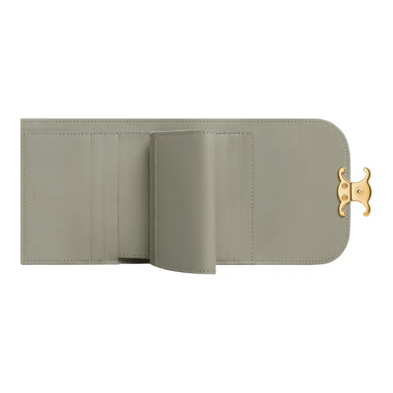 CELINE Triomphe Shiny Calfskin Wallet Small Size Women's Green Clay-3