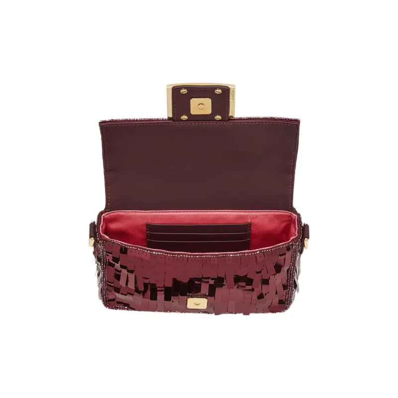 FENDI Baguette Fabric Cow Leather Patchwork Handbag Crossbody Bag Shoulder Bag Mini Women's Burgundy-2