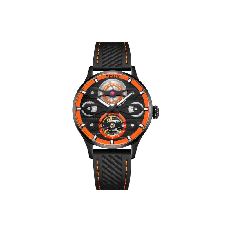 BOUX Biker Wind Collection Automatic Mechanical Movement Silicone Strap Watch Men's Watches Orange Watch Dial-0