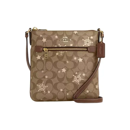 COACH Rowan Coated Canvas With Smooth Leather Shoulder Bag Crossbody Bag Mini Women's Khaki & Saddle Brown & Gold