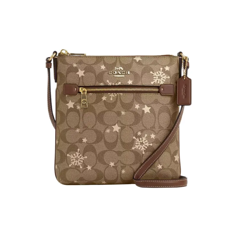 COACH Rowan Coated Canvas With Smooth Leather Shoulder Bag, Crossbody Bag Mini Women's Khaki & Saddle & Gold-0