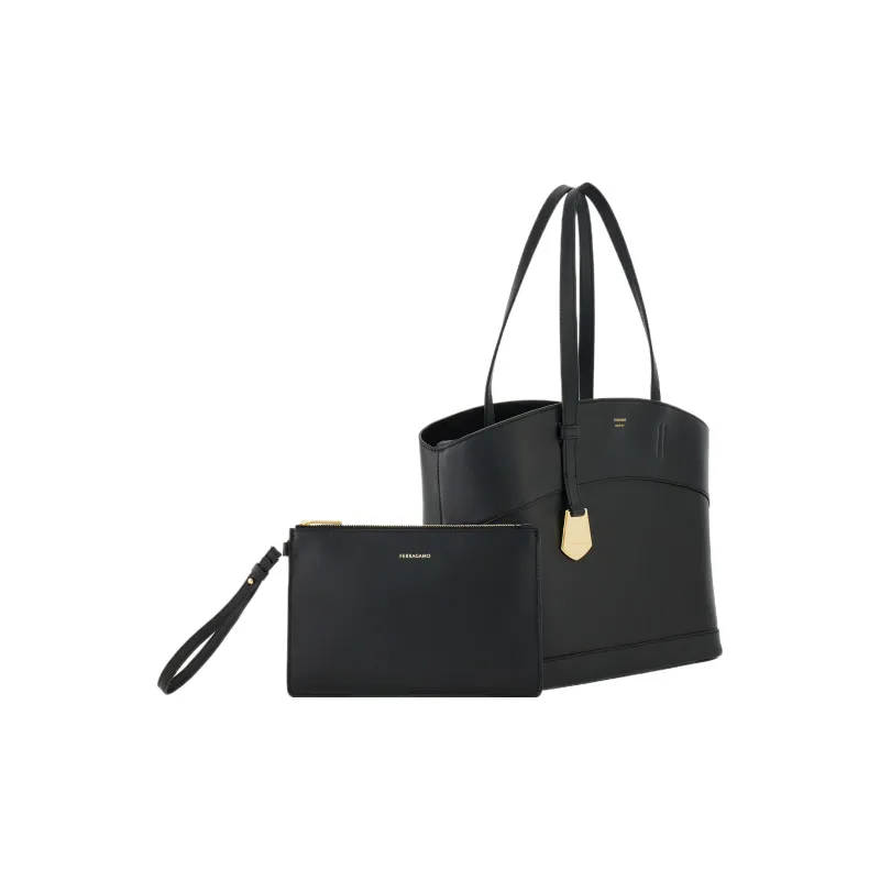 FERRAGAMO Smooth Calf Leather Tote Bag Shopping Bag Handbag Small Size Women's Black-1