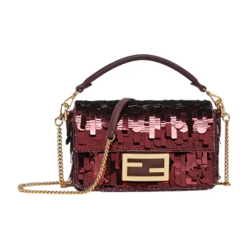 FENDI Baguette Fabric Cow Leather Patchwork Handbag Crossbody Bag Shoulder Bag Mini Women's Burgundy