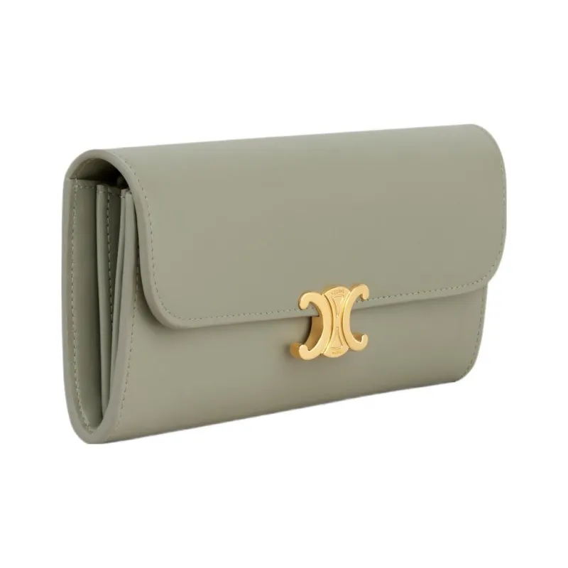 CELINE Triomphe Shiny Calfskin Wallet Large Size Women's Green Clay-1