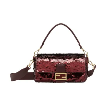 FENDI Baguette Polyester With Sheepskin Portable Crossbody Bag, Shoulder Bag Medium Size Women's Burgundy