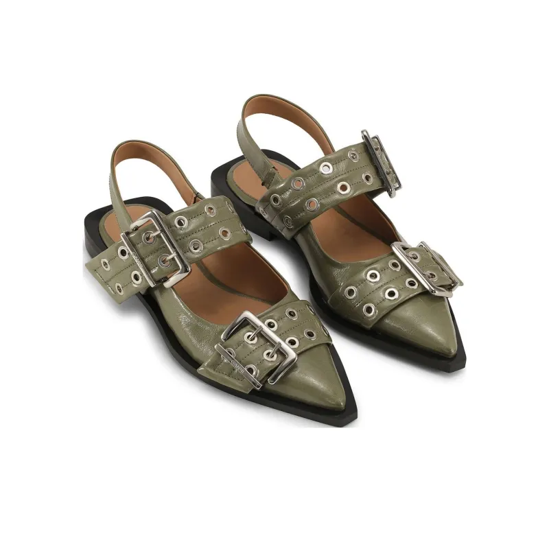 GANNI Buckled-strap Slingback Ballerina Shoes-3