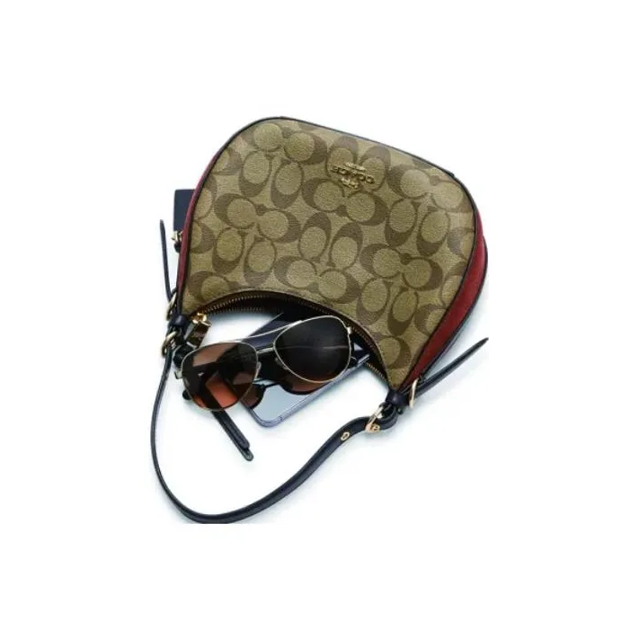 COACH Kleo Canvas With Leather And Suede Shoulder Bag Portable Crossbody Bag Shoulder Bag Women's Khaki/Brick Red-3