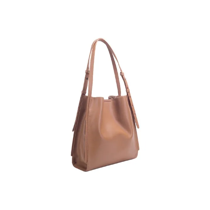 BAMPO Top Grain Cow Leather Bucket Bag, Portable Crossbody Bag, Shoulder Bag Medium Size Women's Tea Brown-2