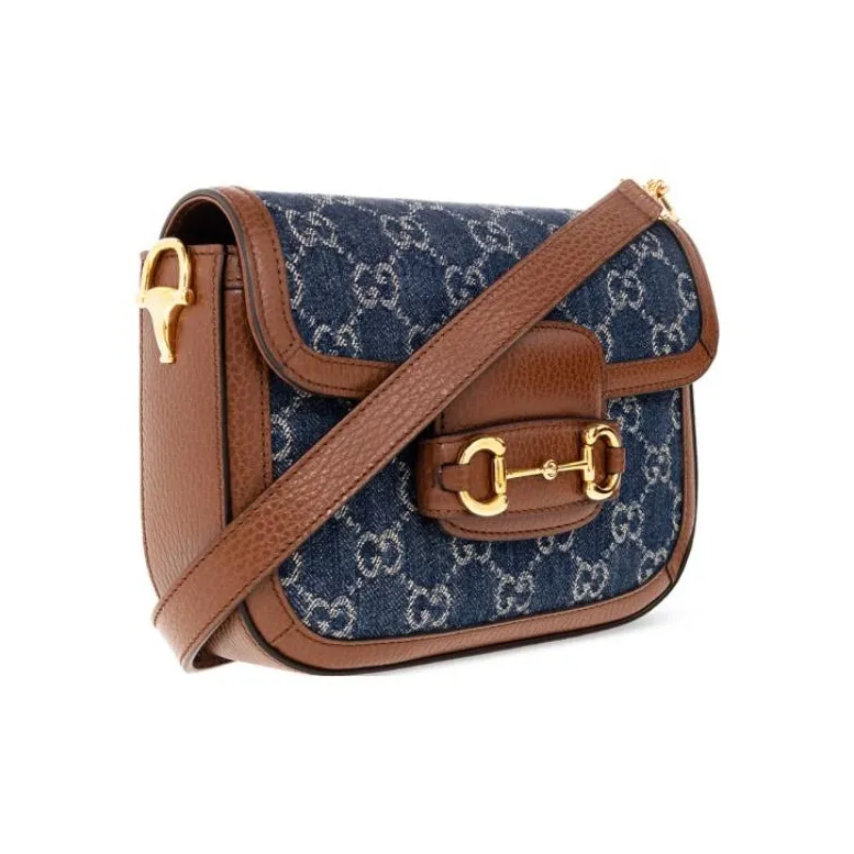 GUCCI Horsebit 1955 Leather Trim With Denim Saddle Bag, Crossbody Bag, Shoulder Bag Women's-3