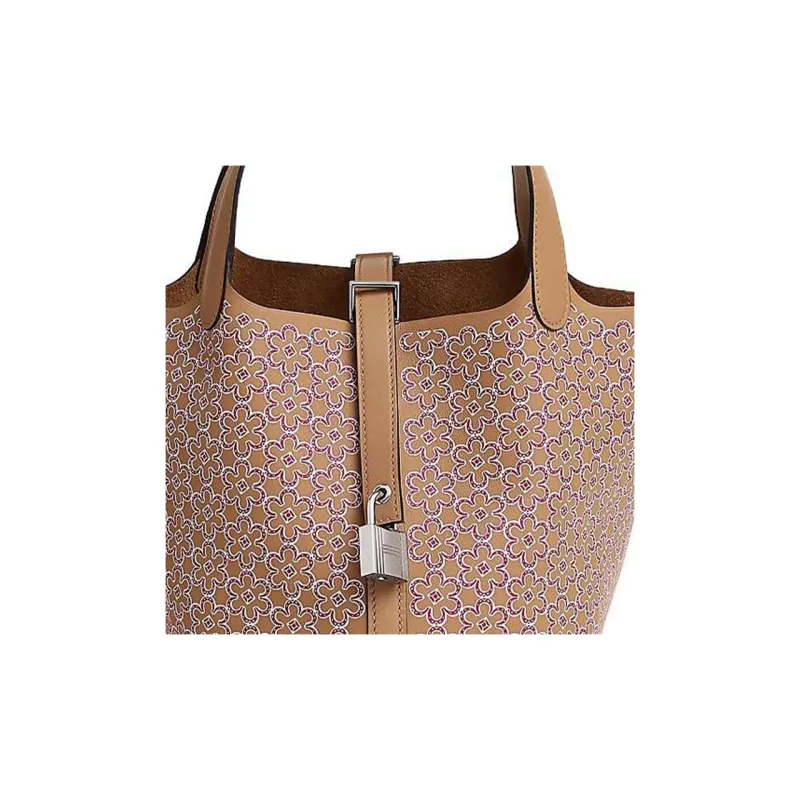 HERMES Picotin Lock Swift Calfskin Basket Bag, Bucket Bag, Handbag 18 Women's Milk Tea & Rose & White-4