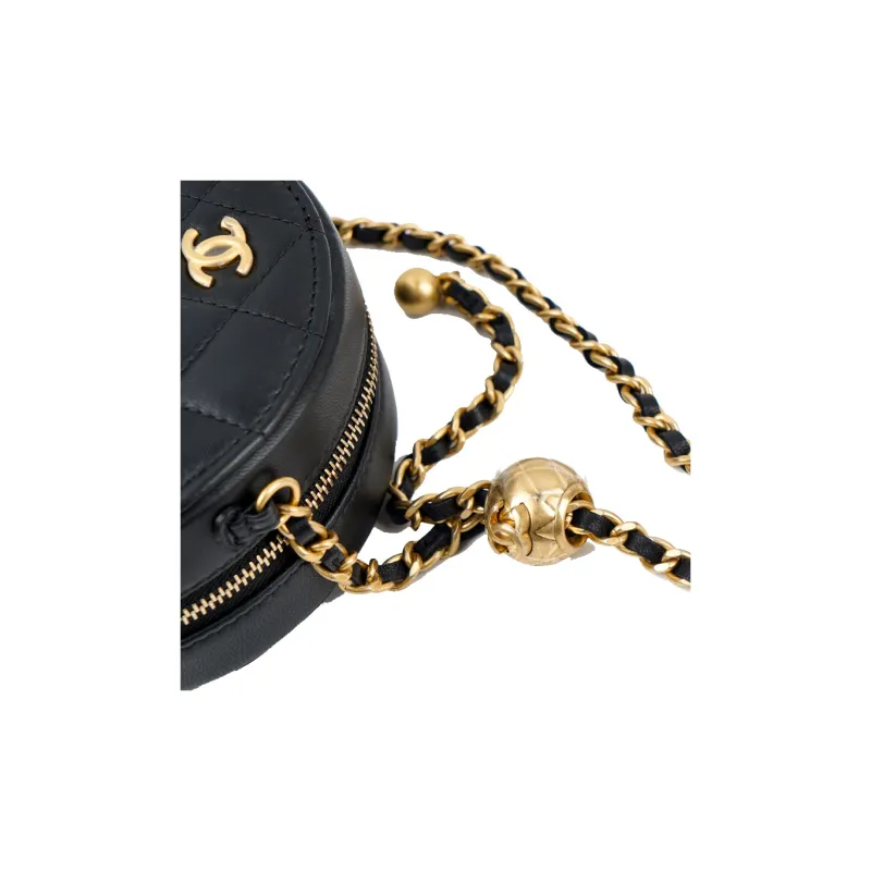 CHANEL Sheepskin Round Bag, Shoulder Bag, Crossbody Bag Women's Black-3