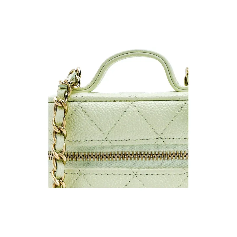 CHANEL Grain Embossed Calfskin Makeup Bag, Cigarette Case Bag, Handbag, Shoulder Bag, Crossbody Bag Women's Light Green-4