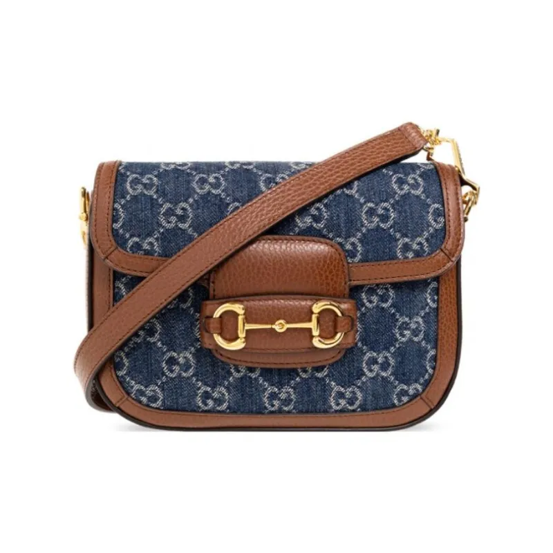 GUCCI Horsebit 1955 Leather Trim With Denim Saddle Bag, Crossbody Bag, Shoulder Bag Women's-1